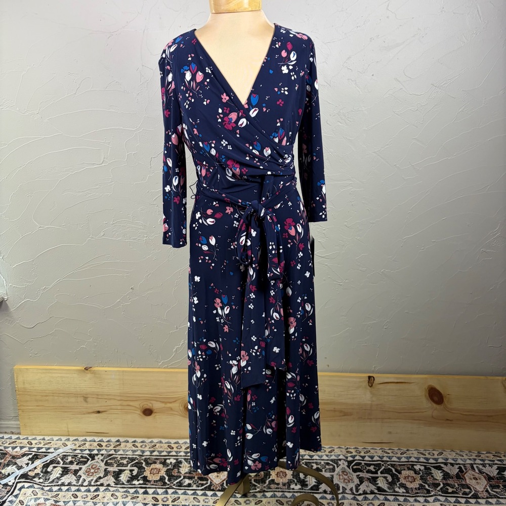 NWT Ralph Lauren Floral Faux Wrap Midi Dress 10P Navy Blue Jersey Knit Career